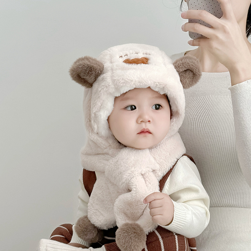 儿童帽子围巾一体帽秋冬季可爱小熊保暖加厚毛绒帽男女宝宝护耳帽