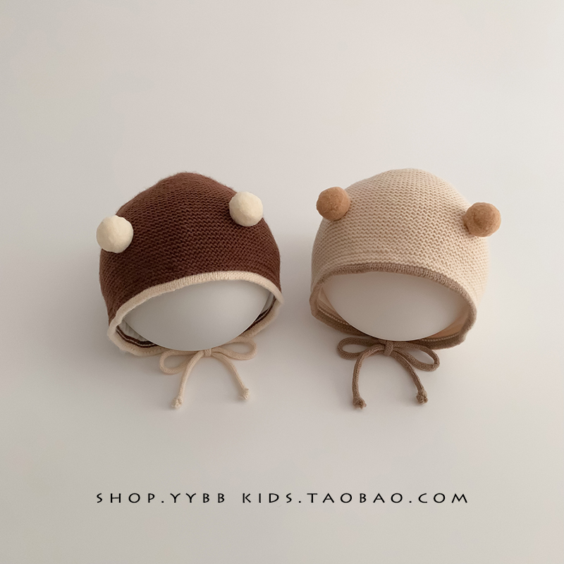 韩系ins小球婴幼儿帽子春秋小月龄护耳帽新生婴儿包头针织毛线帽