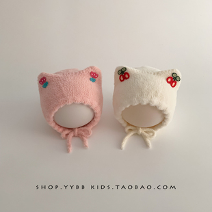 ins韩系樱桃女宝宝帽子秋冬季保暖防风护耳针织帽女童毛绒包头帽