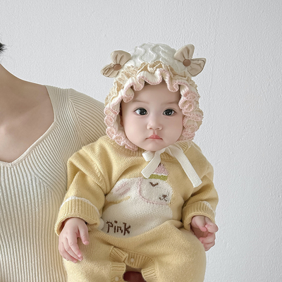 婴幼儿帽子秋冬季保暖加厚针织公主护耳帽女宝宝防风甜美毛线帽潮