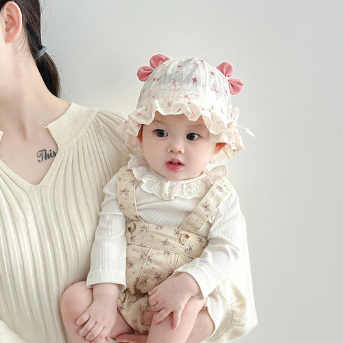 婴儿帽子春夏薄款遮阳防晒松紧渔夫帽女宝宝甜美蝴蝶结小月龄盆帽