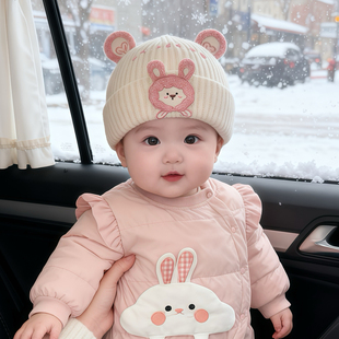 婴幼儿帽子秋冬季保暖加厚针织套头帽女宝宝可爱防风小月龄毛线帽