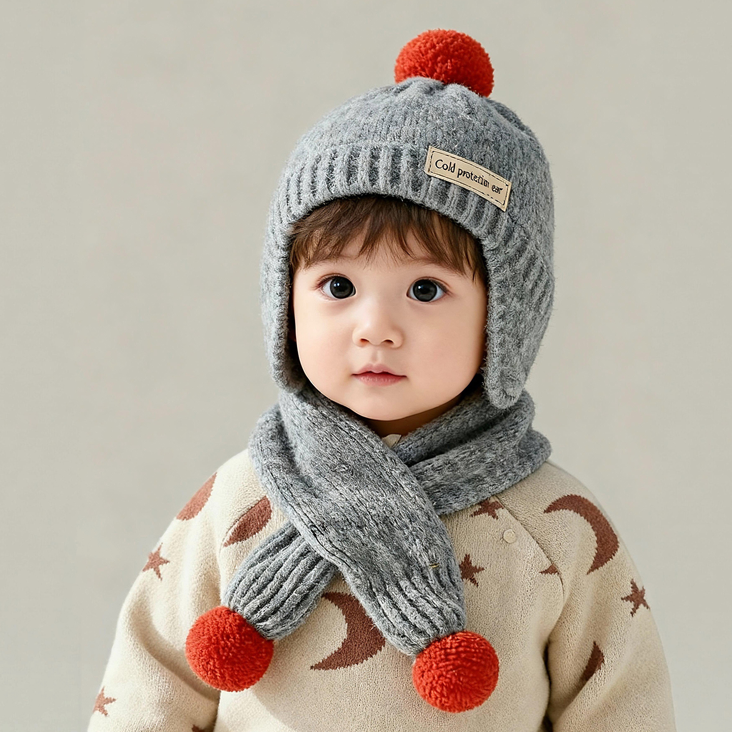 宝宝帽子围巾两件套秋冬季保暖加厚针织毛线帽男女儿童防风护耳帽