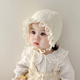 女宝宝帽子秋冬季护耳帽婴儿保暖加绒帽女童花边公主宫廷包头帽潮