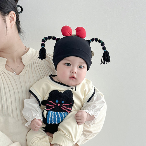 婴幼儿帽子春秋薄款可爱辫子新生胎帽男女宝宝小月龄套头囟门帽冬
