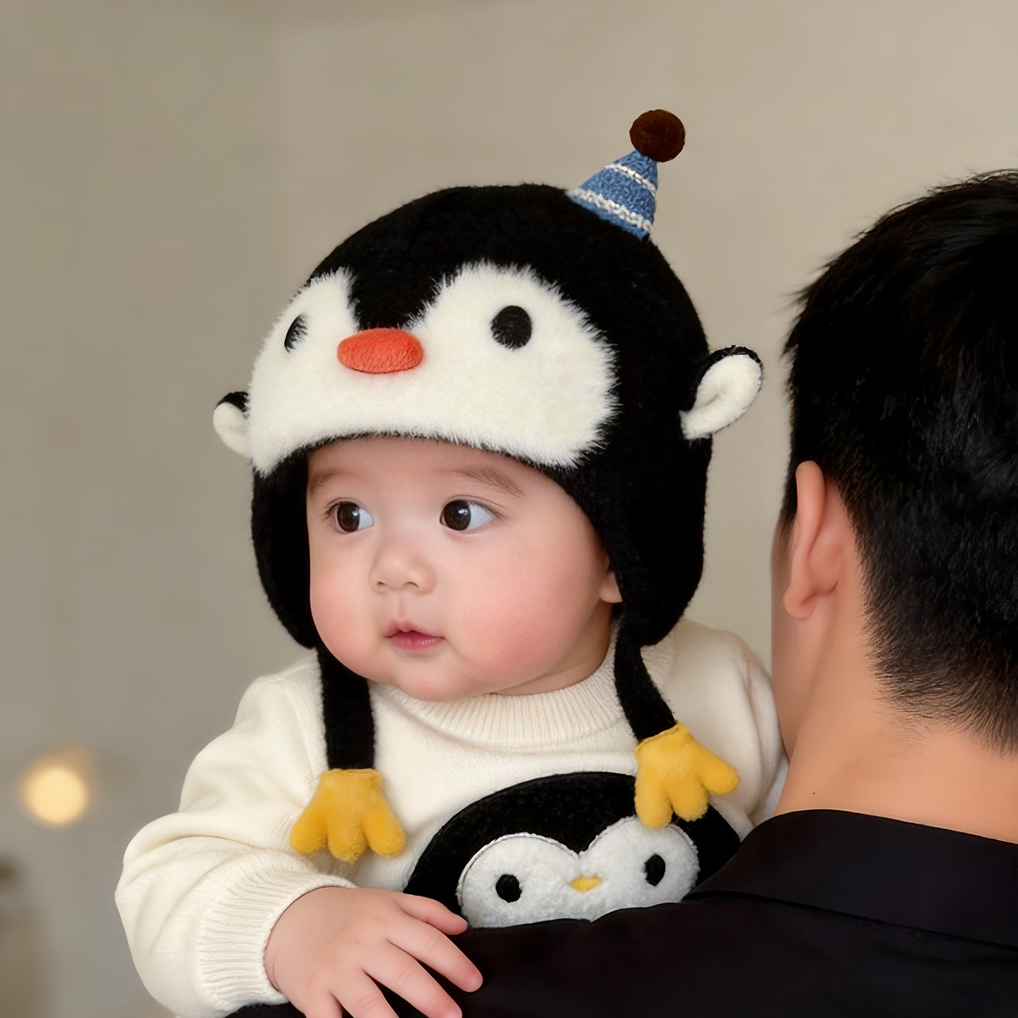 宝宝可爱企鹅帽子秋冬季保暖加厚针织护耳毛绒帽男婴女儿童毛线帽图片