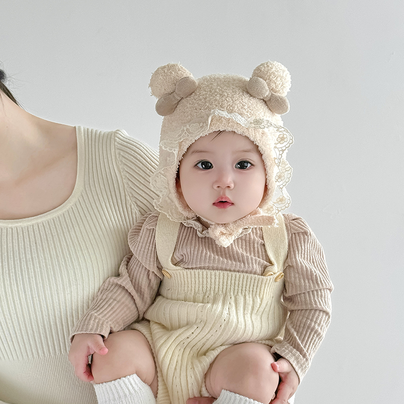 婴儿帽子秋冬季保暖针织毛绒护耳帽女宝宝小月龄可爱蝴蝶结毛线帽