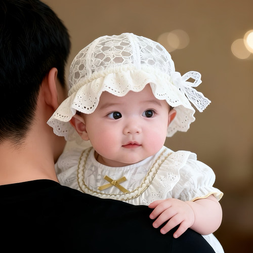 婴儿帽子春夏天薄款遮阳防晒松紧渔夫帽女宝宝韩系网纱小月龄盆帽
