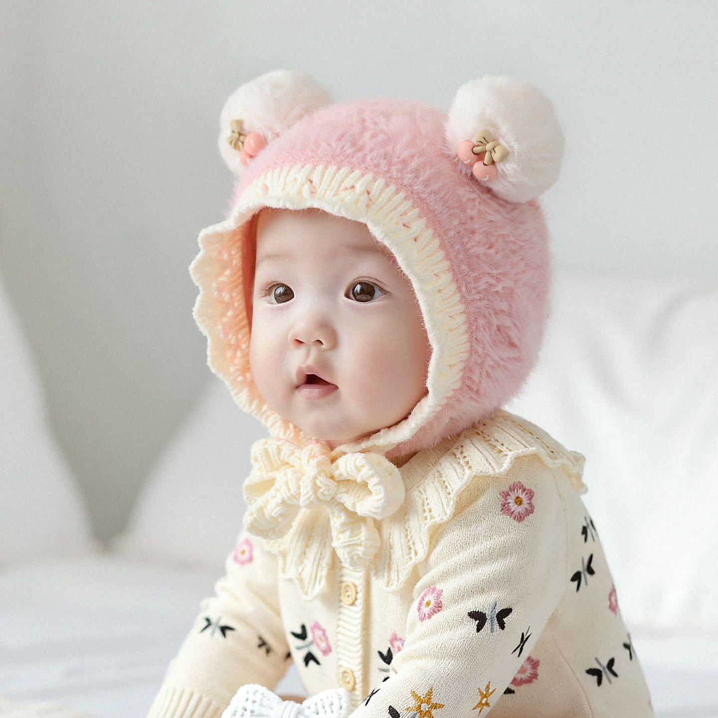 婴幼儿帽子秋冬季保暖加厚针织毛绒帽女宝宝可爱小月龄防风毛线帽