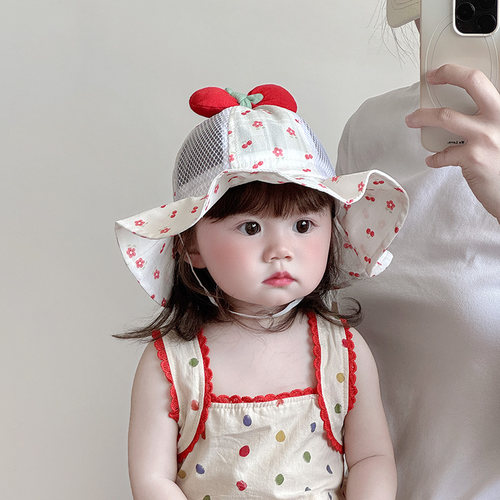 儿童帽子夏季薄款大帽檐透气网眼公主渔夫帽女宝宝甜美蝴蝶结盆帽