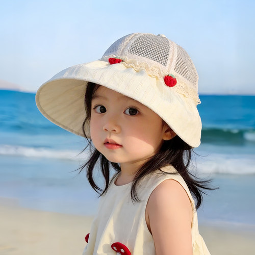 女儿童帽子夏天透气网眼大帽檐渔夫帽女宝宝可爱甜美遮阳防晒盆帽