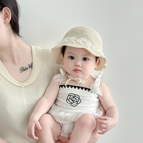 婴儿帽子夏季薄款透气编织草帽女宝宝小月龄出游沙滩洋气渔夫帽潮