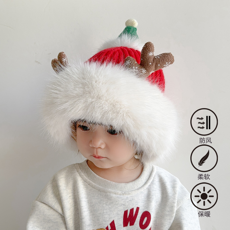 儿童帽子秋冬季可爱鹿角针织毛线帽加绒防寒圣诞节男女宝宝护耳帽