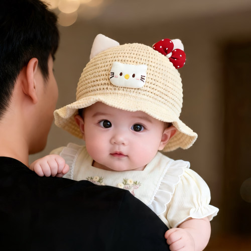 婴儿帽子夏季薄款镂空遮阳防晒可爱渔夫编织帽女宝宝小月龄草帽韩