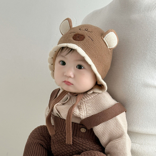 婴幼儿帽子秋冬季保暖加厚针织毛线帽男女宝宝小月龄防风护耳胎帽