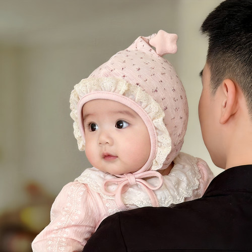 婴幼儿帽子春秋款护囟门纯棉胎帽女宝宝新生防风系带护耳精灵帽冬