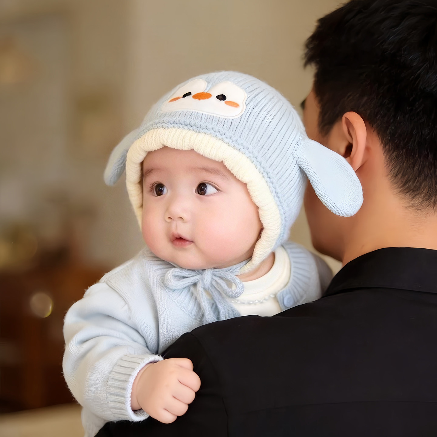 宝宝可爱帽子秋冬季保暖加厚针织护耳系带帽男女婴儿小月龄毛线帽