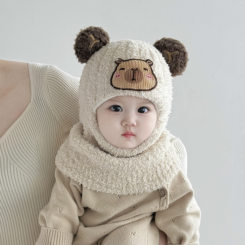 儿童帽子围脖一体帽秋冬季保暖加厚针织护耳毛绒帽男女宝宝毛线帽