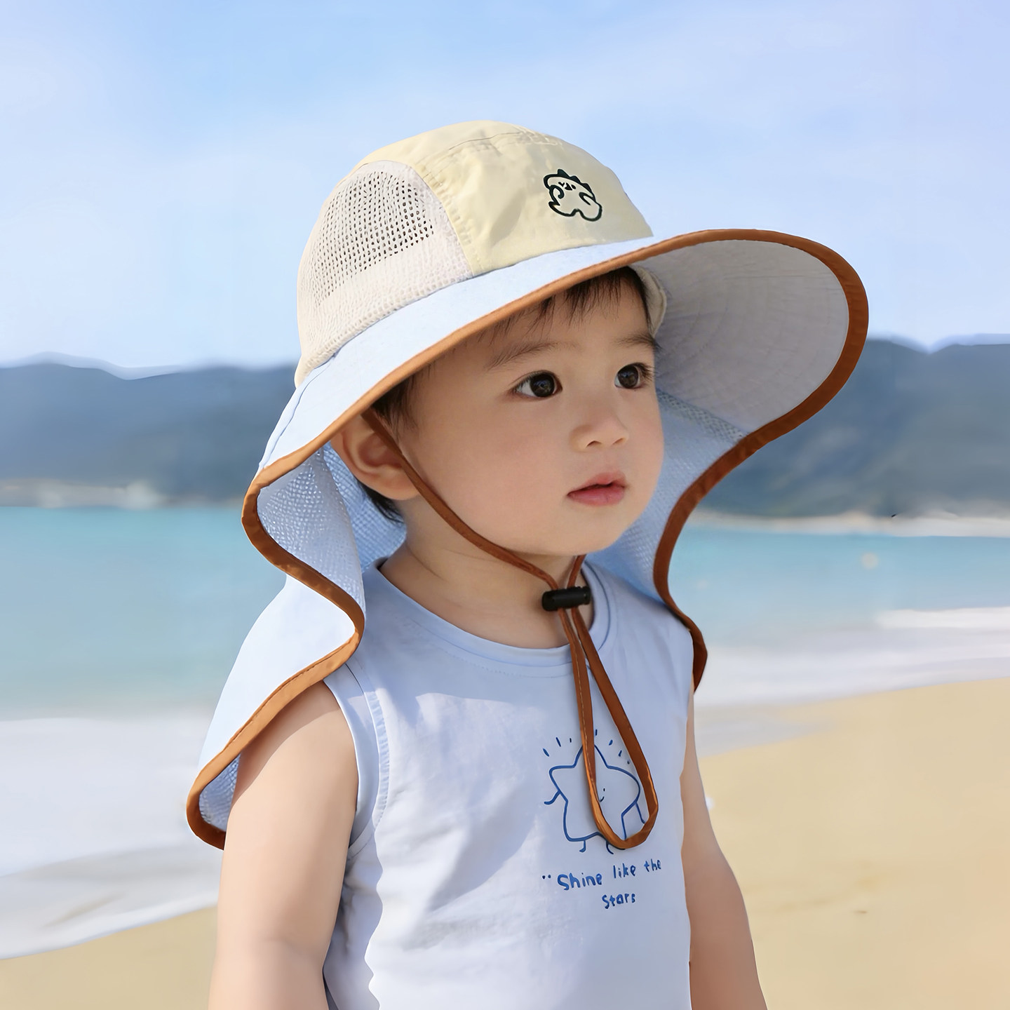 儿童遮阳帽子夏季薄款防晒大帽檐披肩帽透气网眼男女宝宝渔夫帽春