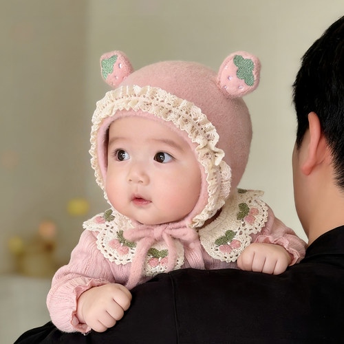 婴儿帽子秋冬季保暖加厚针织护耳毛绒公主帽女宝宝小月龄毛线帽韩