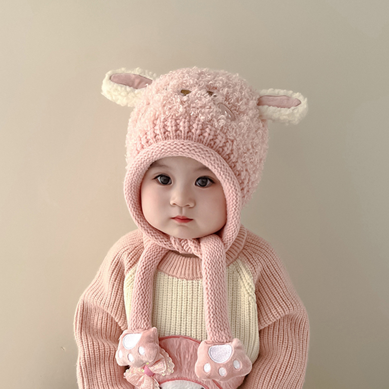 宝宝帽子冬款保暖加厚护耳毛线帽男女童可爱卡通针织冬套头毛绒帽