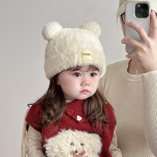 儿童帽子秋冬季保暖加厚针织毛线帽男女宝宝可爱双球护耳毛绒帽潮