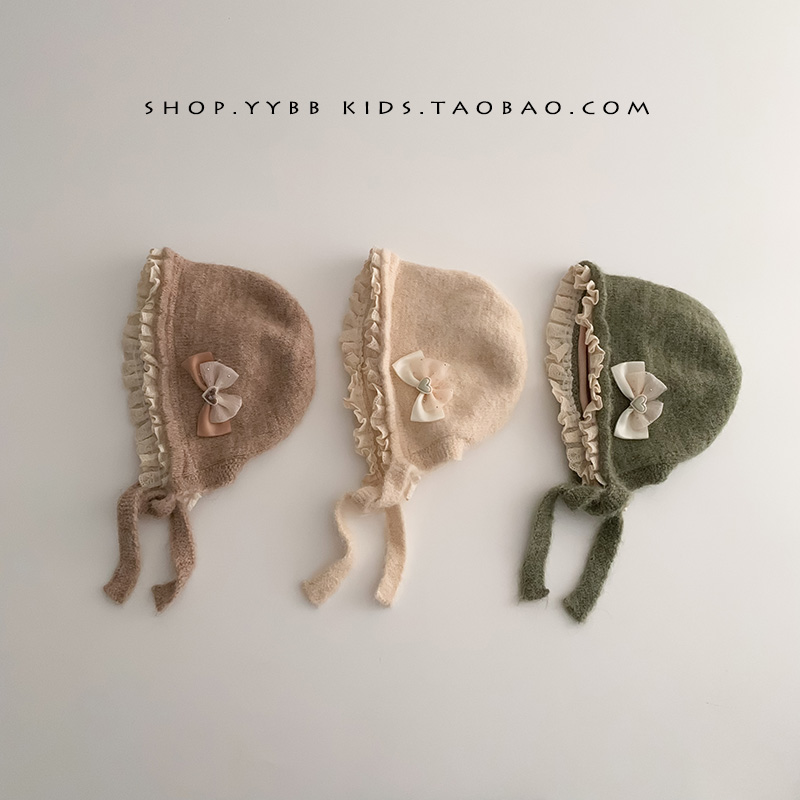 婴儿帽子秋冬季保暖加厚针织护耳帽女宝宝小月龄蕾丝蝴蝶结毛线帽