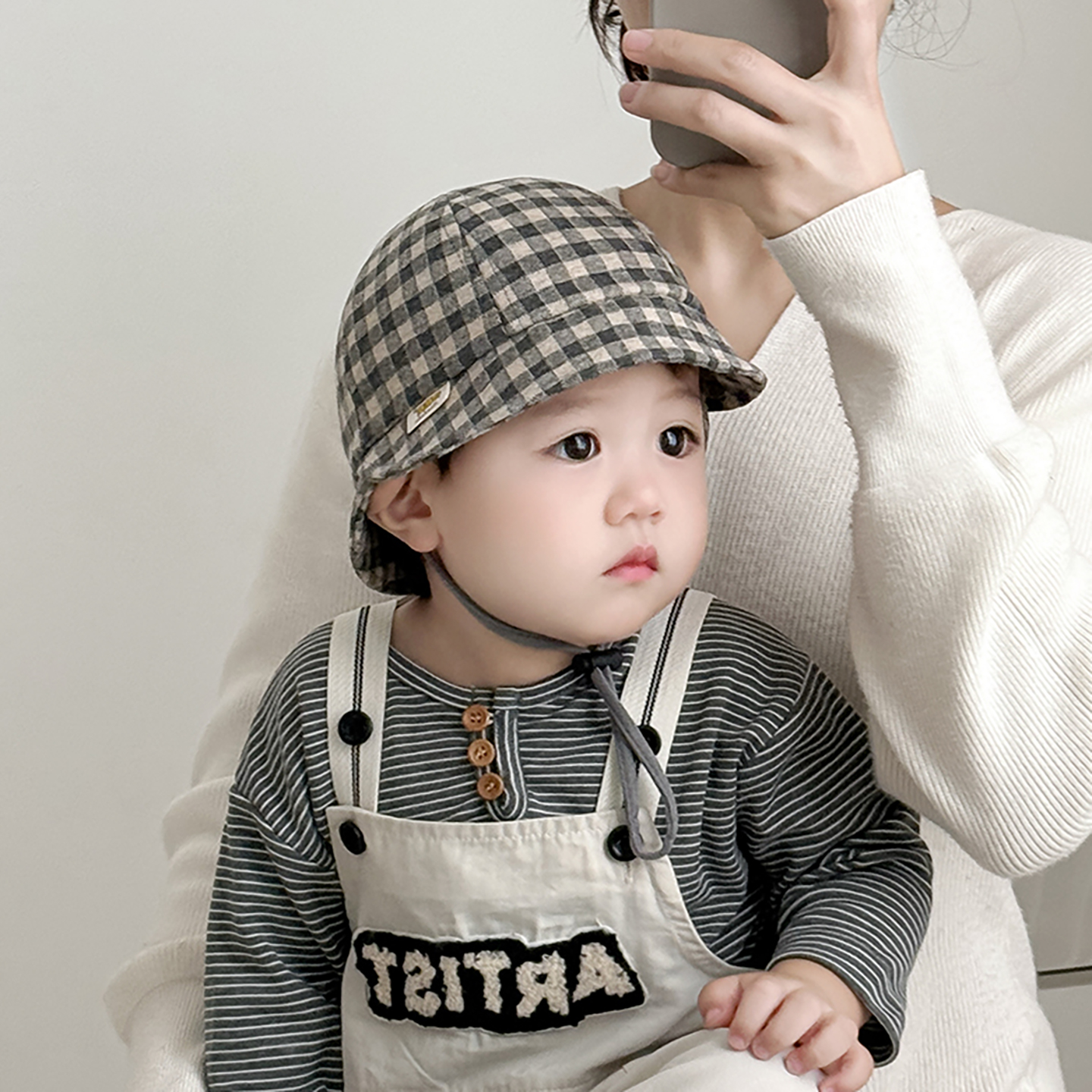 韩系儿童帽子秋冬季灯芯绒渔夫水桶帽男女宝宝保暖复古格子盆帽潮