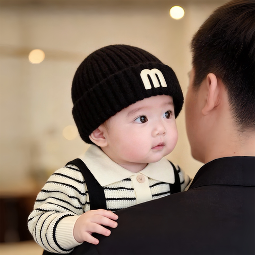 韩系简约字母婴儿小月龄帽子秋冬季保暖加厚套头帽男女宝宝毛线帽