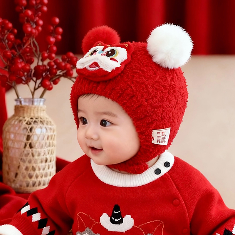 婴儿红色喜庆帽子秋冬季保暖加厚护耳毛线帽男童女宝宝防风毛绒帽