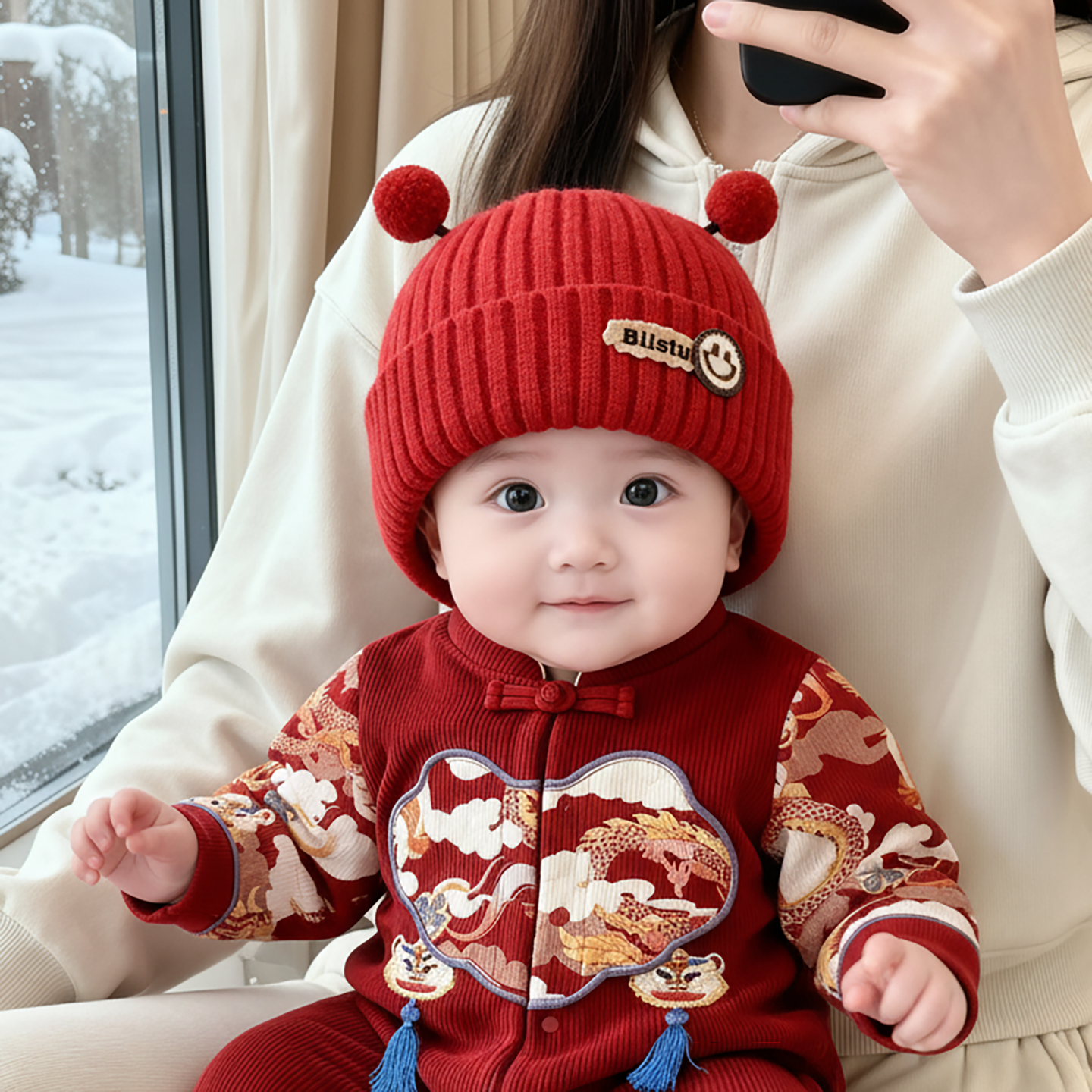 婴儿红色喜庆帽子秋冬季保暖加厚针织毛线帽男童女宝宝新年套头帽