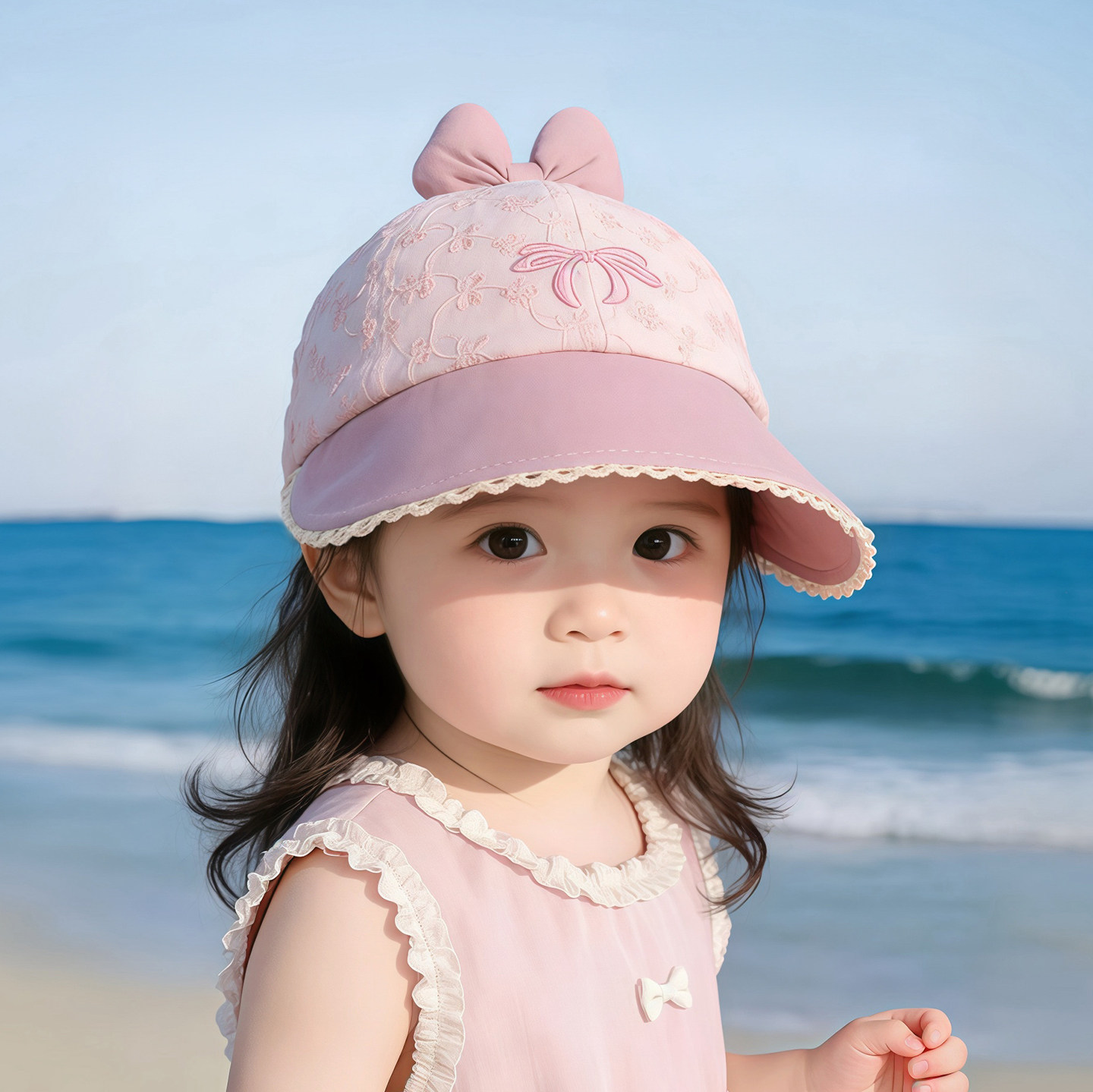 婴儿遮阳帽子春秋薄款防晒大帽檐甜美蝴蝶结鸭舌帽女宝宝夏棒球帽图片