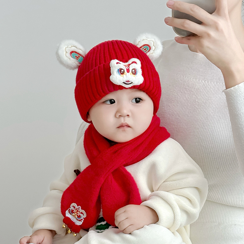 婴儿帽子围巾秋冬季喜庆红色新年护耳毛线帽宝宝保暖加厚针织帽潮