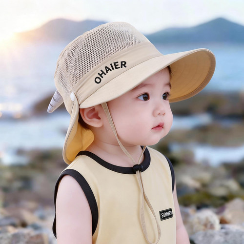 儿童遮阳帽子夏季薄款透气网眼大帽檐披肩帽男女宝宝防晒太阳帽春