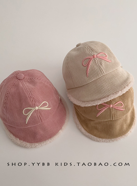 女宝宝帽子秋冬季保暖加绒鸭舌帽女童甜美刺绣蝴蝶结防风棒球帽潮