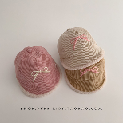 女宝宝帽子秋冬季保暖加绒鸭舌帽女童甜美刺绣蝴蝶结防风棒球帽潮