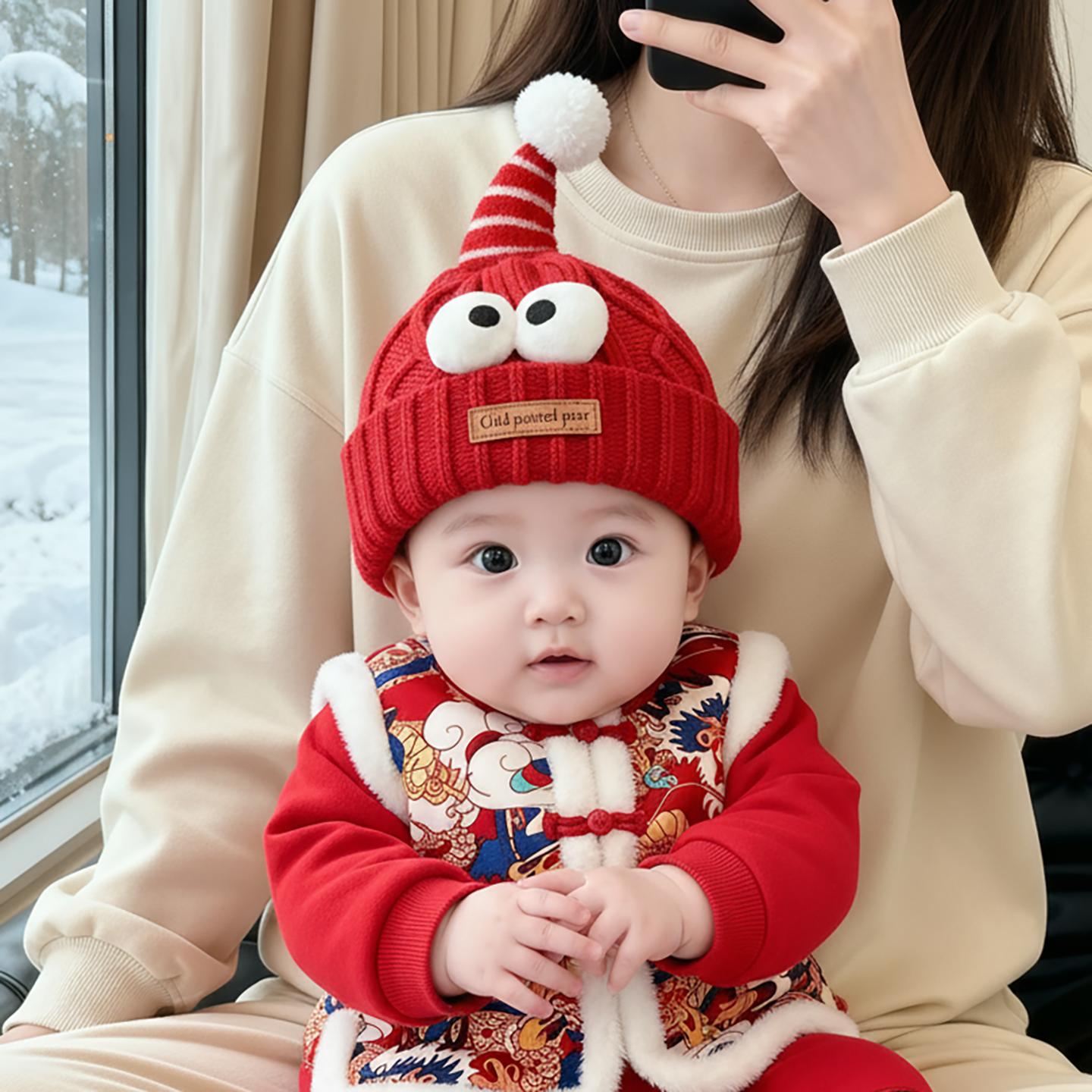 婴儿喜庆帽子秋冬季保暖加厚针织套头帽男童女宝宝防风红色毛线帽