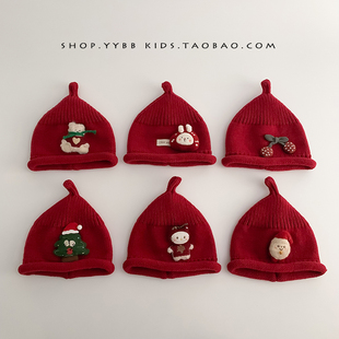 婴儿红色圣诞帽子秋冬季保暖加厚针织奶嘴帽男女宝宝小月龄毛线帽
