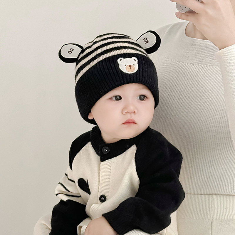 宝宝帽子秋冬季可爱小熊针织护耳帽男童女童保暖加厚套头毛线帽潮