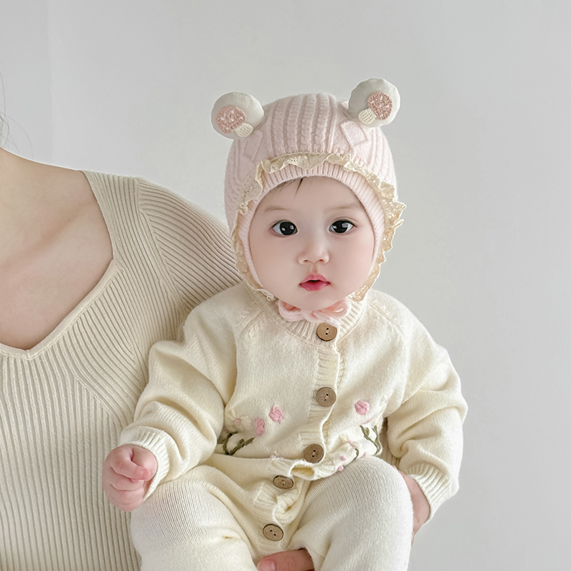 婴儿帽子秋冬季保暖加厚针织公主护耳帽女宝宝小月龄可爱毛线胎帽