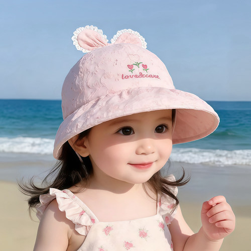 儿童遮阳帽子夏季薄款防晒大帽檐渔夫帽女宝宝防晒透气网眼太阳帽