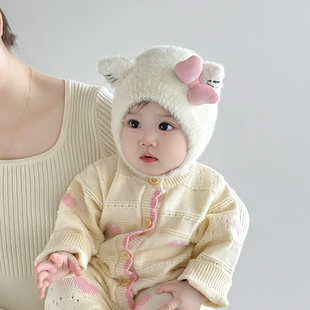 婴幼儿帽子秋冬季保暖加厚针织护耳毛绒帽女宝宝小月龄毛线包头帽