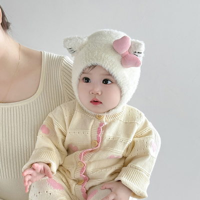 婴幼儿帽子秋冬季保暖加厚针织护耳毛绒帽女宝宝小月龄毛线包头帽