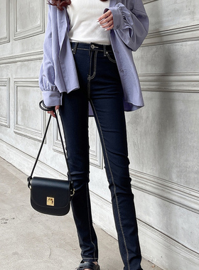 日单GRL黑色烟管直筒裤女2025新款小个子明线紧身长裤