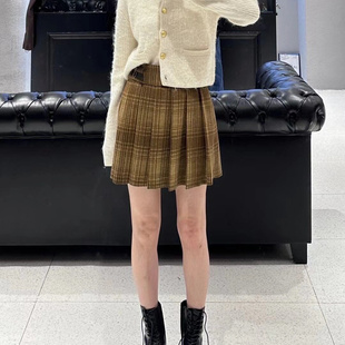 M家秋冬新复古学院风格 纹百褶裙女高腰显瘦A字半身裙防走光