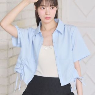 衬衫 百搭刺绣字母抽绳绑带短款 女上衣 时尚 日单EMS新款