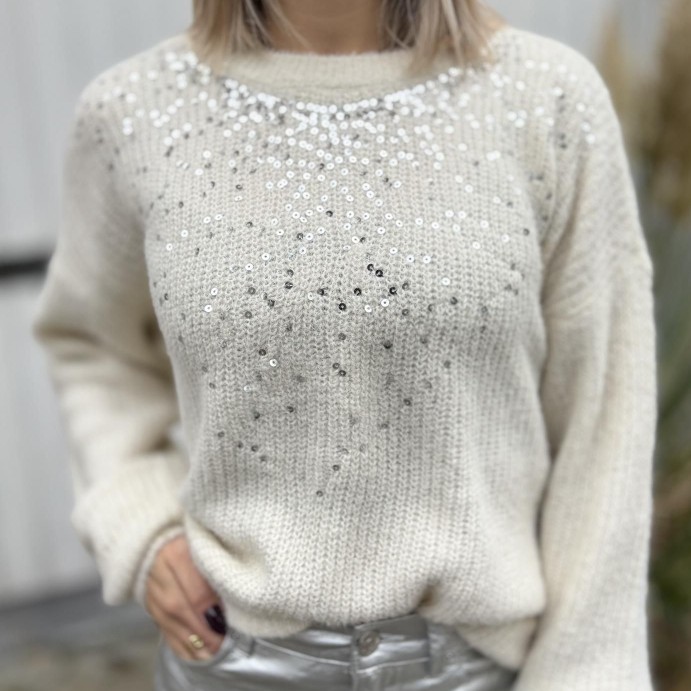 欧单秋冬慵懒风亮片圆领显瘦毛衣