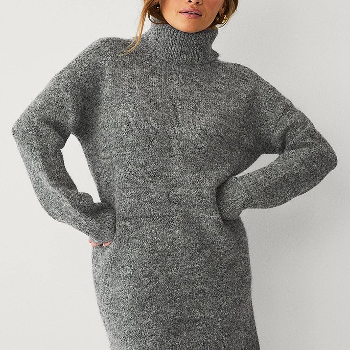 欧单秋冬高领针织宽松中长连衣裙