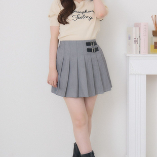日单EMS高腰PU皮袢扣设计褶皱复古学院风叠穿A字百褶裙JK短裙