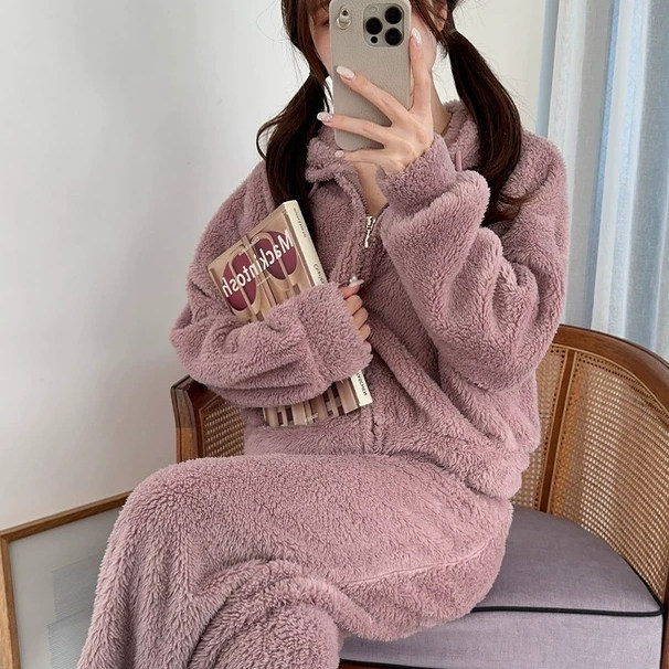 日单GRL女士冬季珊瑚绒连帽家居服套装长袖长裤宽松居家睡衣